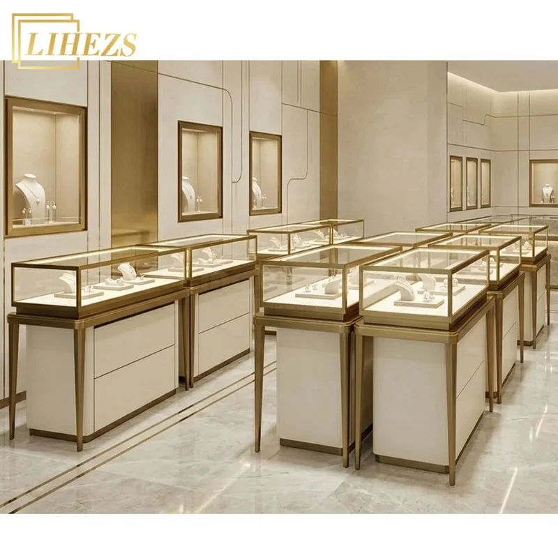 custom.Custom Frame Stainless Steel Jewelry Display Counter Modern LED New Design Jewellery Shop showcase