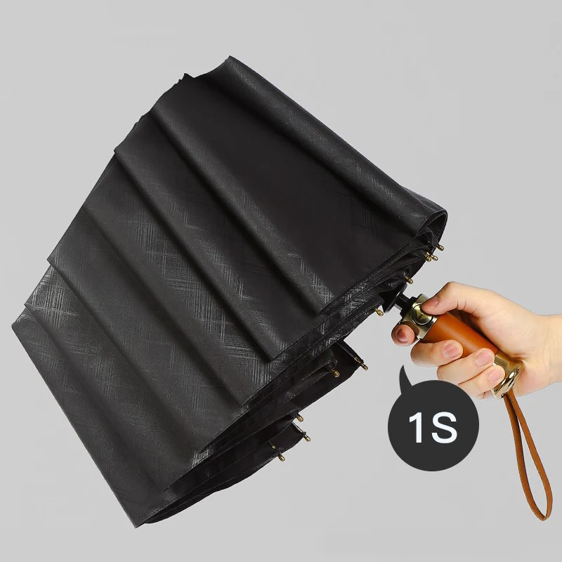 Strong Wind Resistant Rain  Umbrella Wood Handle Automatic Luxury Men Women Portable Outdoor Sunscreen Parasol  3 Fold 10K