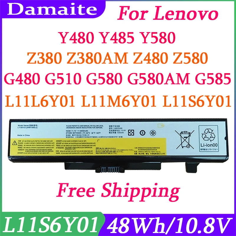 Laptop Battery for Lenovo G580 Z380 Y480 G480 Y580 L11S6Y01 L11L6Y01 L11O6Y01 L11S6F01 L11L6F01 L11P6R01 48WH 10.8V