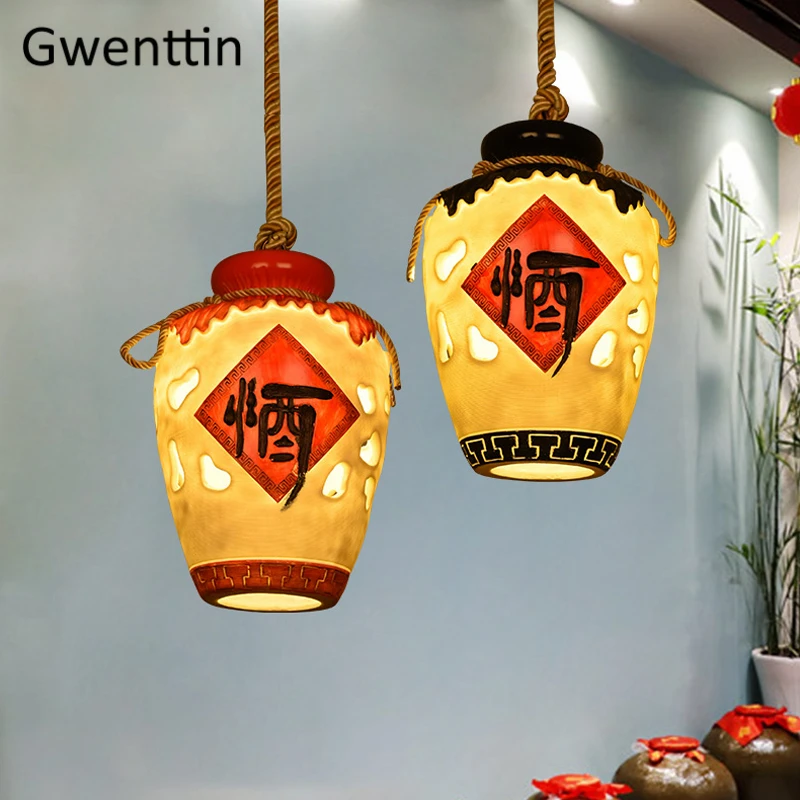 

Chinese Style Wine Jar Pendant Lamp Retro Dining Room Hanging Light for Restaurant Bar Home Decor Kitchen Resin Lighting Fixture