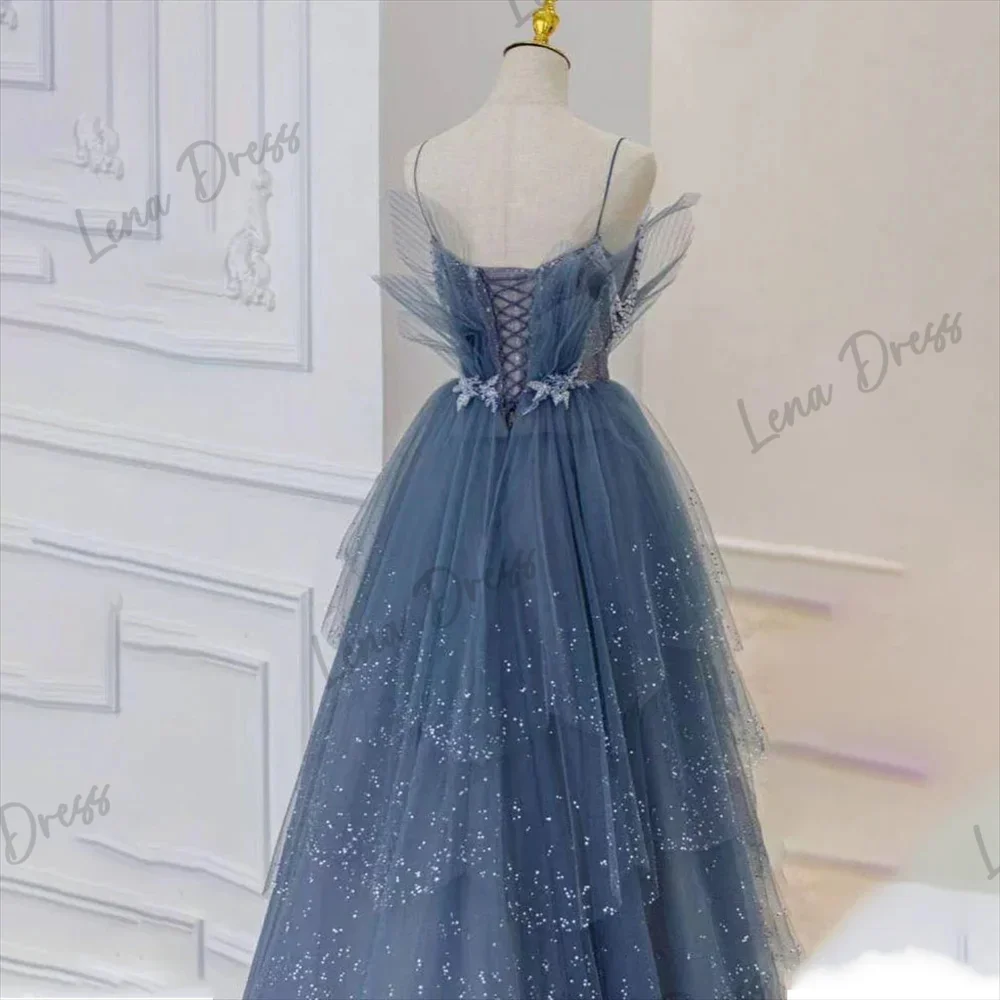 Lena - 2024 Blue Shining Sequins Vintage Evening Dress Layered A-line Celebrity Dress Party Dress Lace Up Back