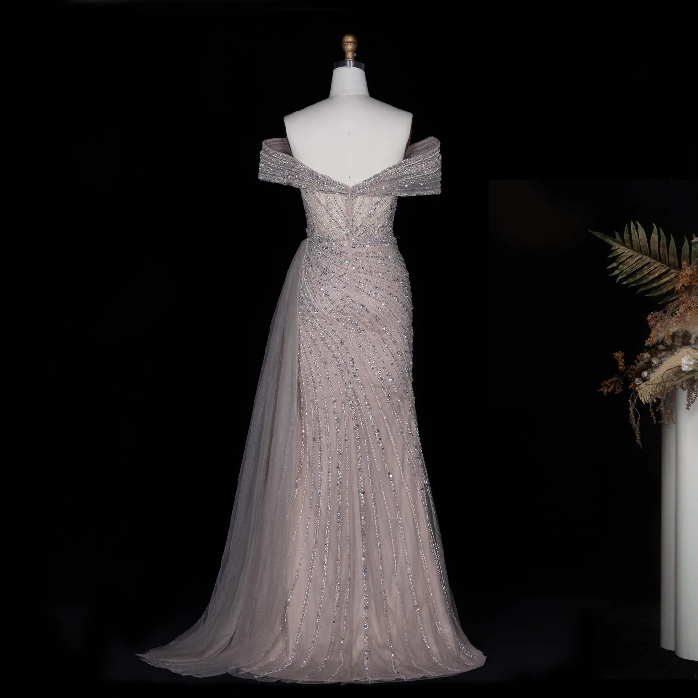 Sharon Said Dubai 2026 Luxuriöses, stark perlenbesticktes, schulterfreies Abendkleid in Champagner für Damen, Ballkleid, formelle Partykleider SS007 Maßanfertigung – Detail 8