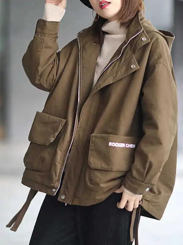 plus Size Women's Casual Korean Sle Thiened Hooded Cotton Jaet Loose Fit Workwear Outerwear Trendy Slimming Effect