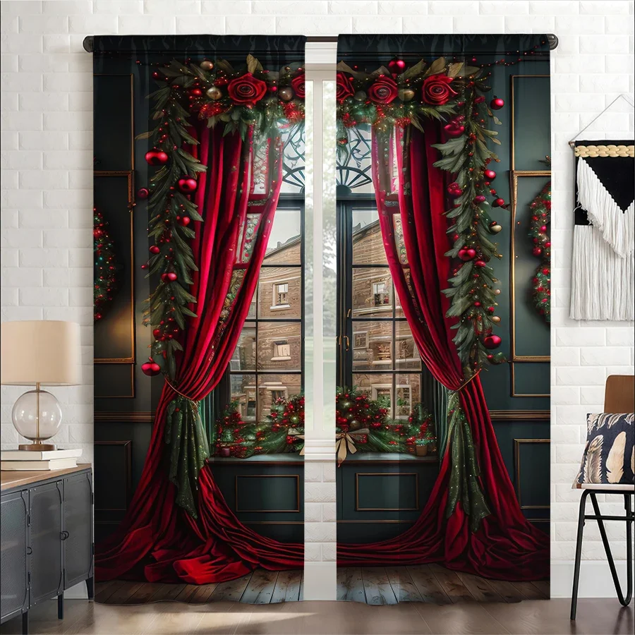 Luxury Red Velvet Christmas Curtain Pair for Living Room Home Decor Seasonal Festive Window Drapes