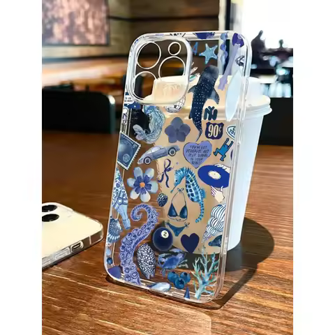 Blue Summer Ocean Pattern Phone Case for iPhone 16 15 14 13 12 11 Pro Max Mini X XS XR 7 8 Plus SE4 16E Soft Transparent Cover