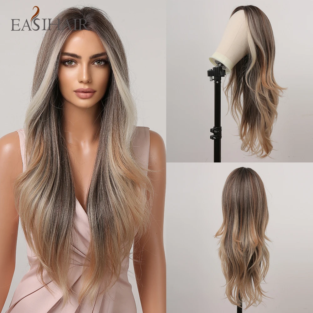 EASIHAIR Long Wavy Hairline Lace Wigs Copper Brown Highlight Blonde Synthetic Wigs for Women Daily Natural Heat Resistant Fiber