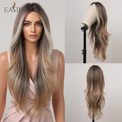 EASIHAIR Long Wavy Hairline Lace Wigs Copper Brown Highlight Blonde Synthetic Wigs for Women Daily Natural Heat Resistant Fiber