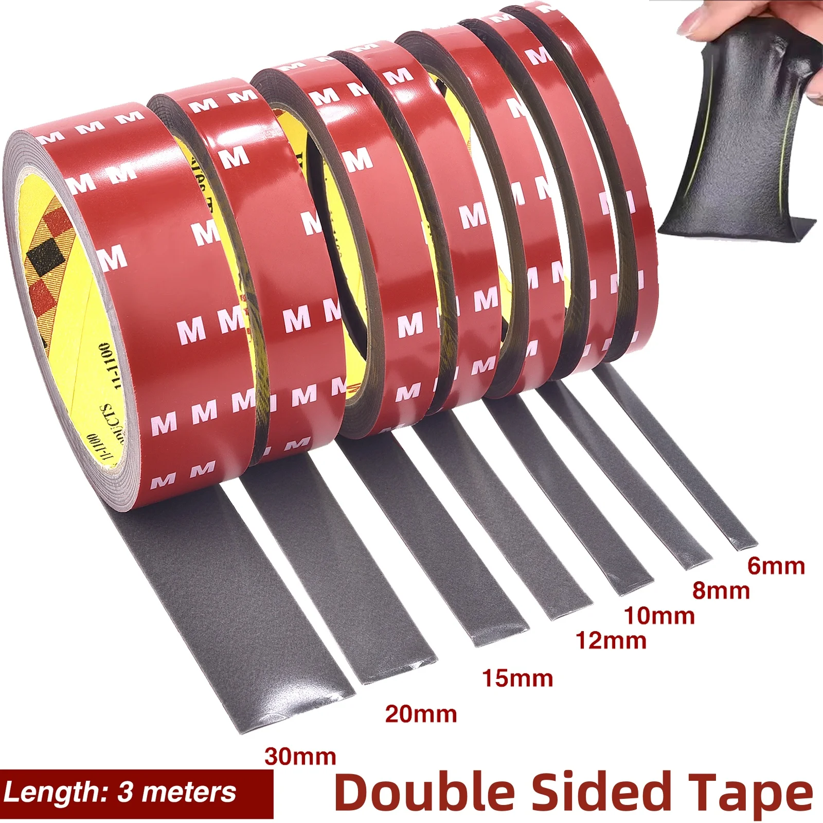 Extra starkes, doppelseitiges Klebeband, 3 m lang, 6–30 mm dick, Acrylschaum-Klebeband für Auto, Zuhause, Innenbereich, hohe Temperaturen
