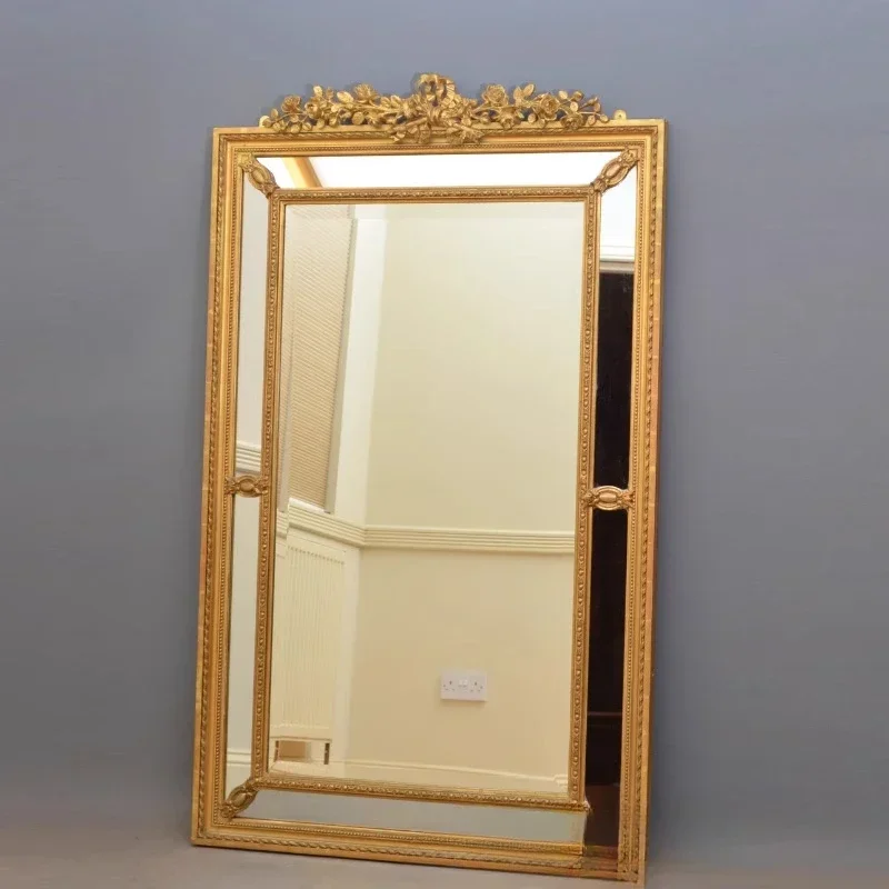 

American retro full body floor mirror household wall hanging solid wood carving flower changing wall decorative mirrorLX