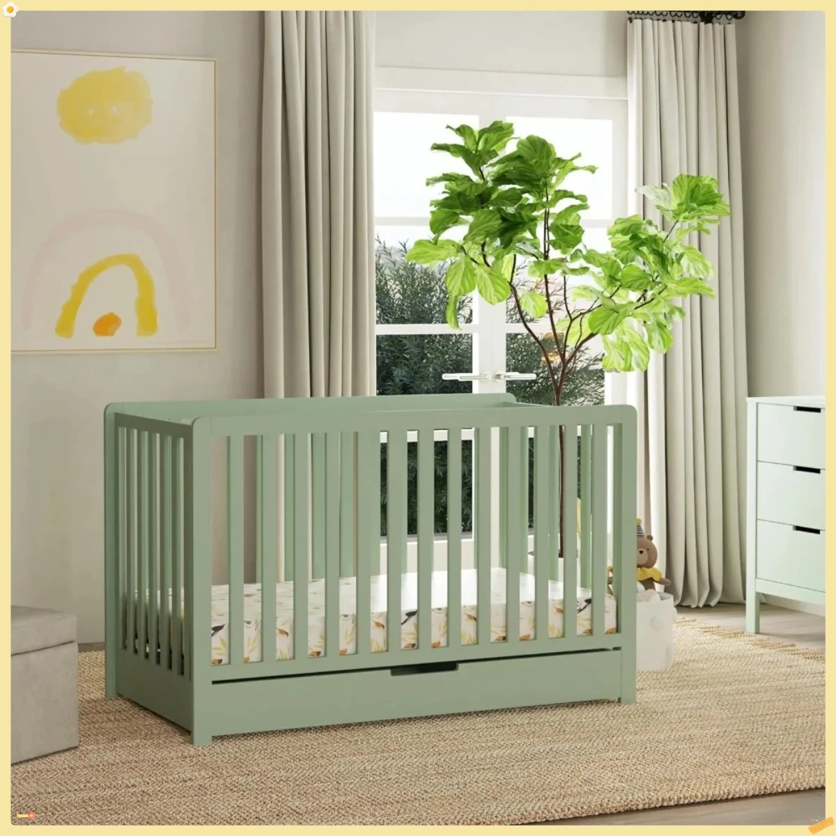 Berço conversível escandinavo 4 em 1 |   Light Sage, gaveta helicoidal, armazenamento embaixo da cama,