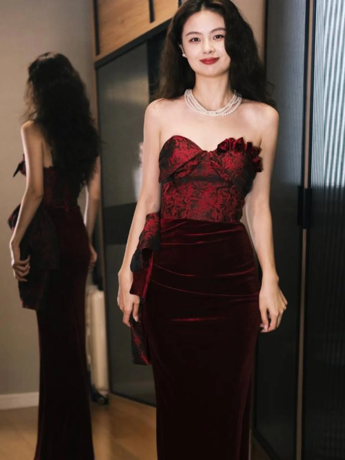 

Red Rose Velvet Fi Tail Wedding Dr Evening Gown Engagement Par Dr Faionable mid Waist Handmade Flowers Long Skirt