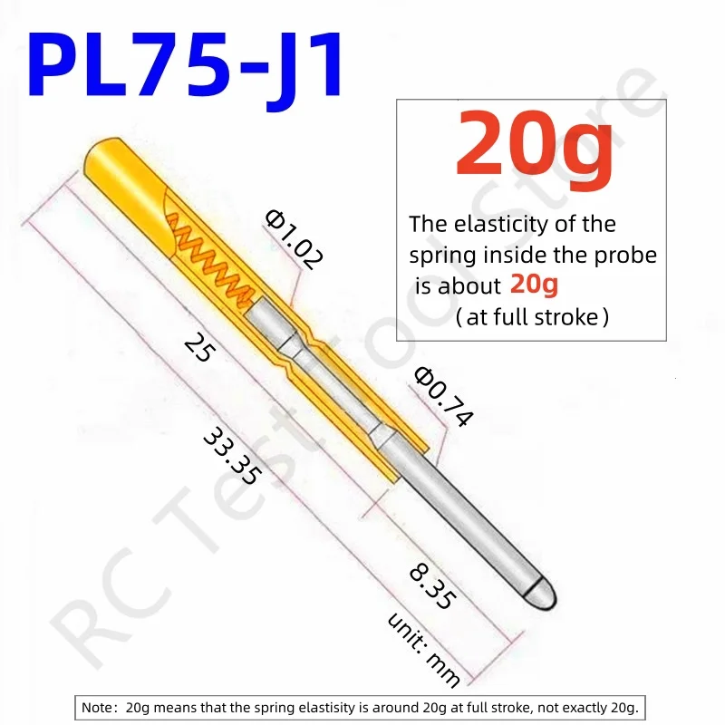 20/100PCS PL75-J1 20g Spring Test Probe Test Pin Pogo Pin PL75-J Electric PCB Test Tool 0.74/1.02/33.35mm Needle Round Tip Head