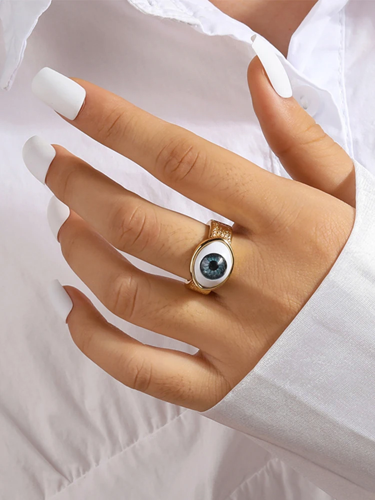 Obega Vintage Simple Evil Eye Rings For Women Gothic Gold Color Lucky Turkish Blue One Eyed Finger Ring  Jewelry Gifts
