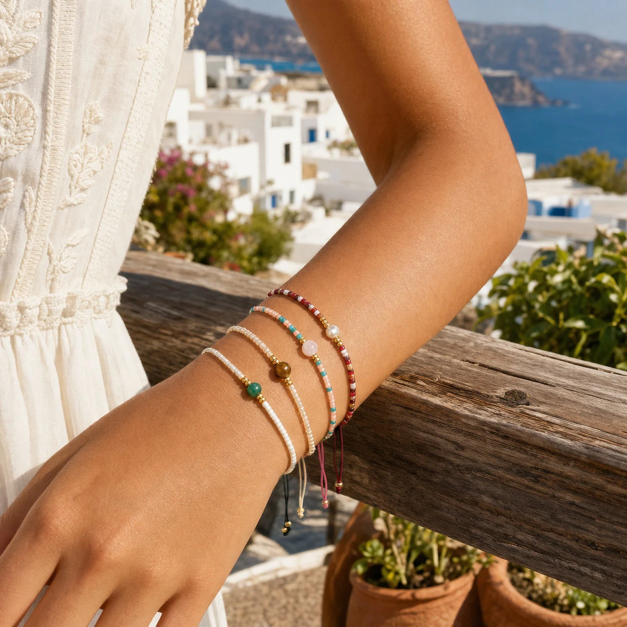 3pcs Colorful Glass Bead Strand Bracelets with Round Bead Center Adjustable Cord Boho Style for Women Beach Style