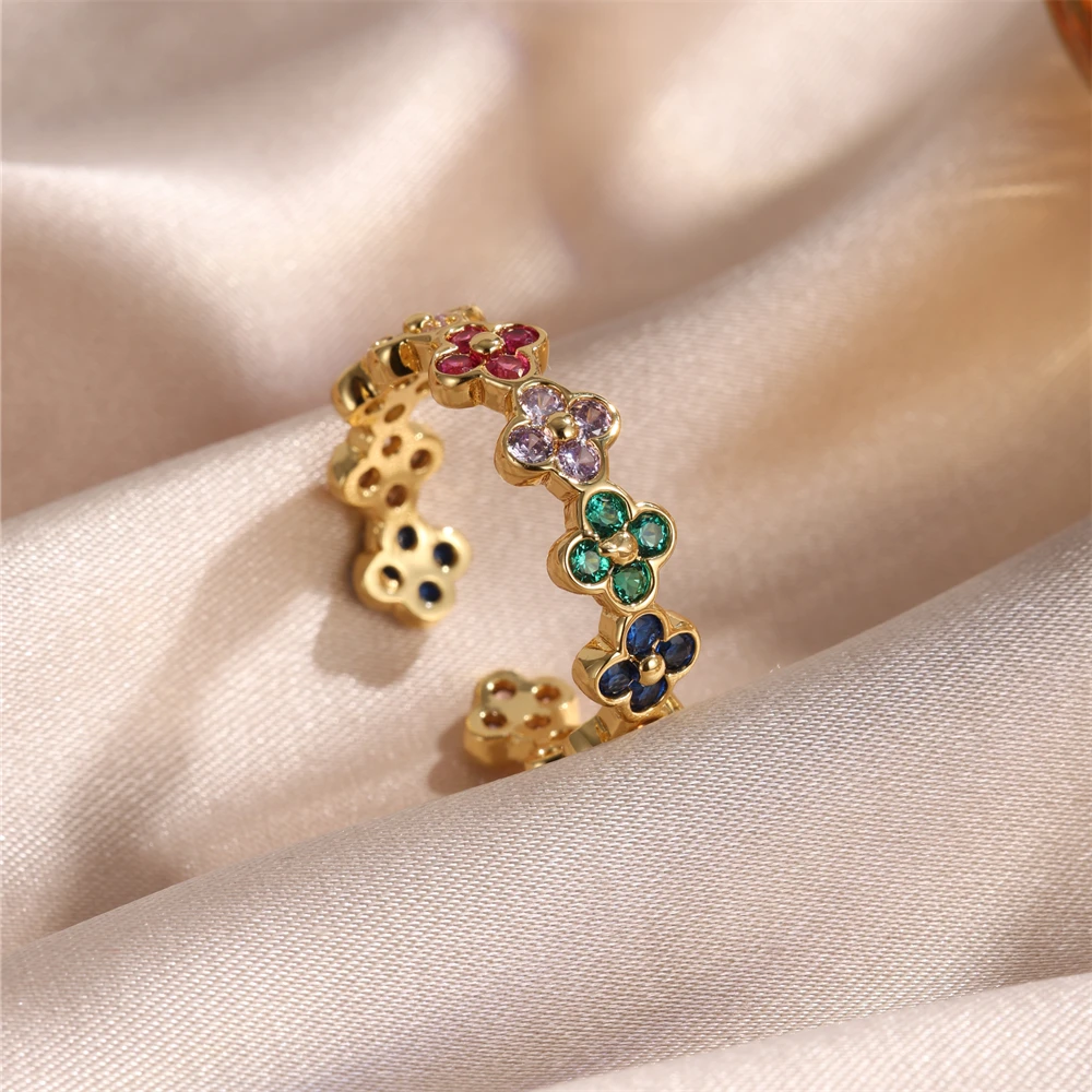 French new design fashion jewelry gold plated flower zircon open ring elegant women's daily work accessory