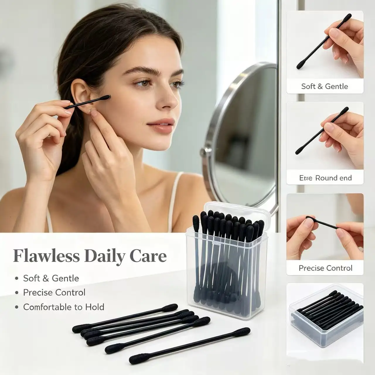 200 black double-ended cotton swabs, soft and lint-free, ideal for makeup detailing and ear cleaning.