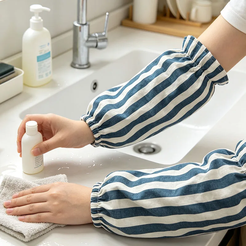 Blue White Striped Polyester Arm Sleeves with Water Repellent Stain Resistant for Kitchen Housework Cooking Cleaning
