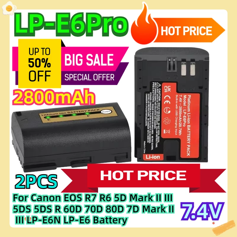 For Canon EOS R7 R6 5D Mark II III 5DS 5DS R 60D 70D 80D 7D Mark II III LP-E6N LP-E6 Battery 2PCS