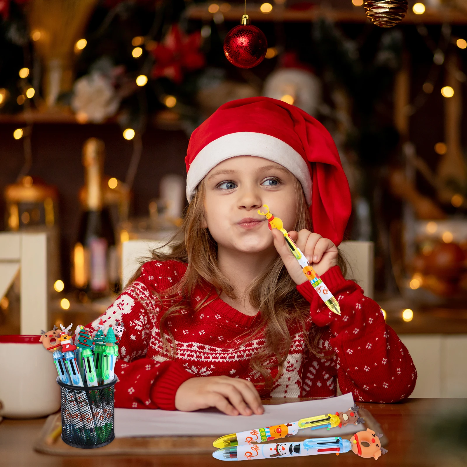 하이아베이 24개 크리스마스 6 in 1 다색 볼펜 다색 리트랙터블 펜 귀여운 만화 크리스마스 파티 선물 사무용품