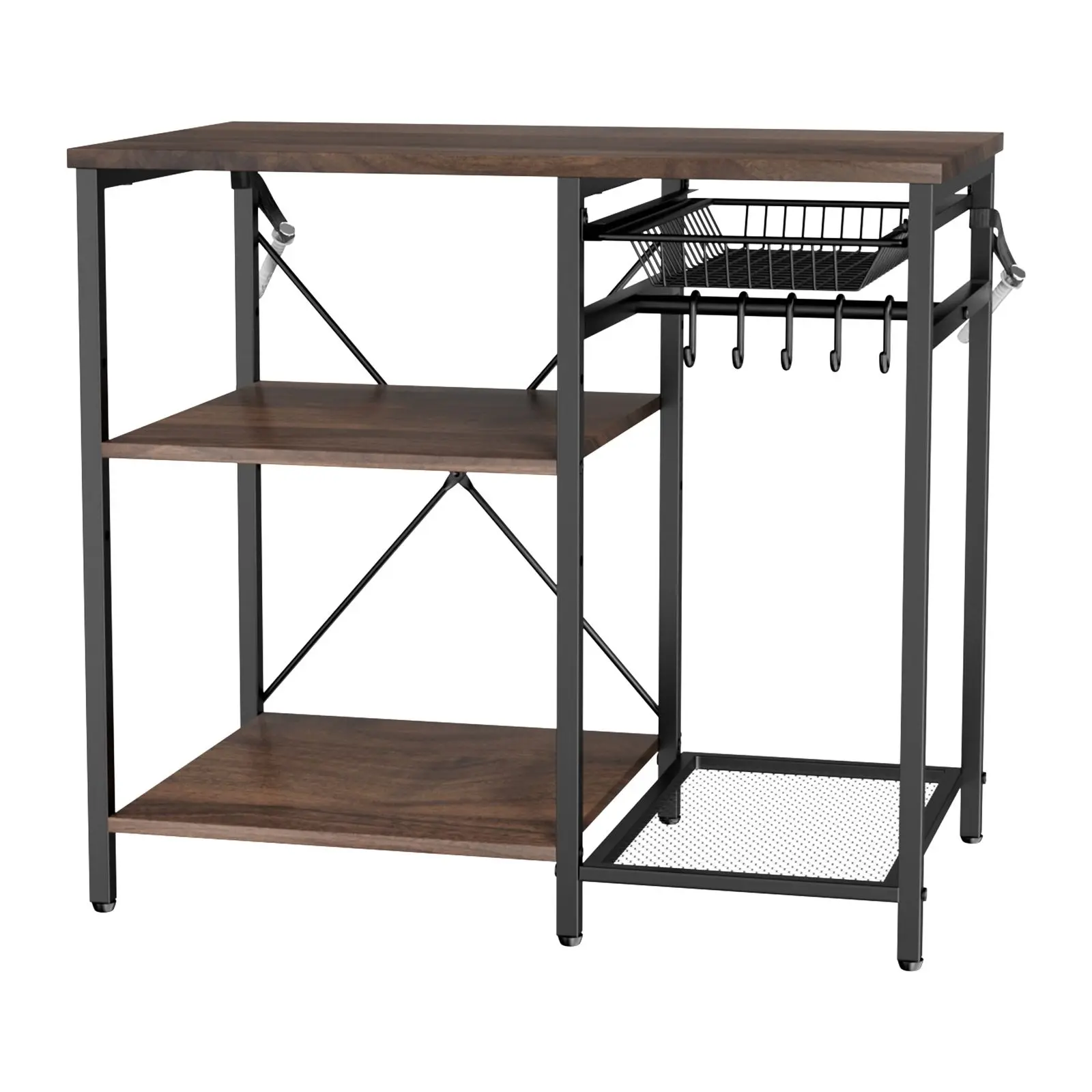 Kitchen Bakers Rack, 35.4 Inch Width Bakers Rack, Kitchen Stand with X-Shaped Support Bar, 5 S-Shaped Hooks, Multi-Layer