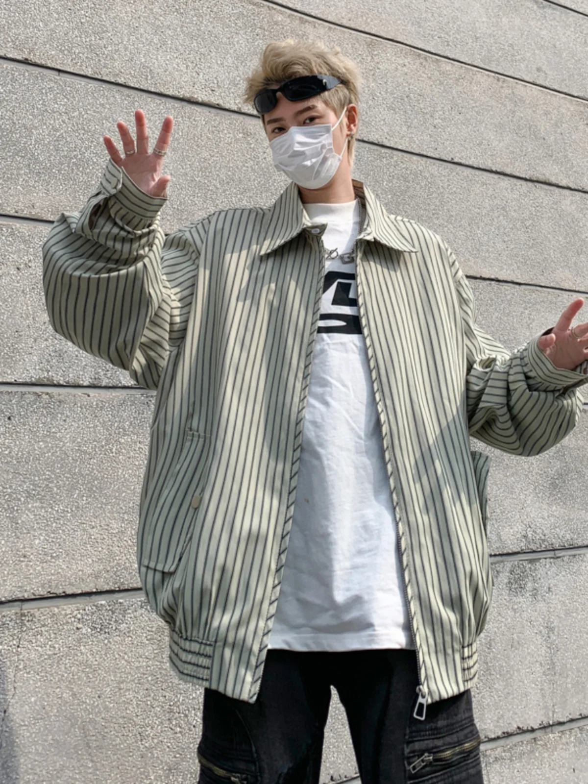 

New 2025 Men's irt Jaet Zipper Loose Design Stripe Japanese Retro Trendy Brand Spring Autumn Long Sve Casual Outerwear