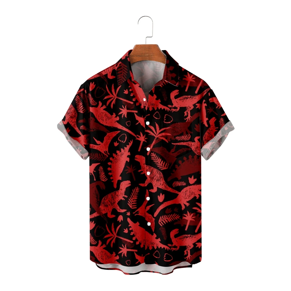 Hawaiian Shirts for Men Red Dinosaurs Print Short Sleeve Black Shirts Cool Summer Tops Vintage Breathable