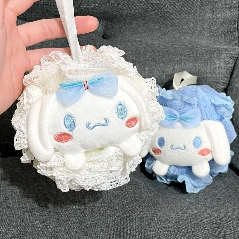 Sanrio-Bola de ducha Kawaii Cinnamoroll, encaje grande, flor de baño, niña grande, muñeca de dibujos animados de fricción trasera Linda