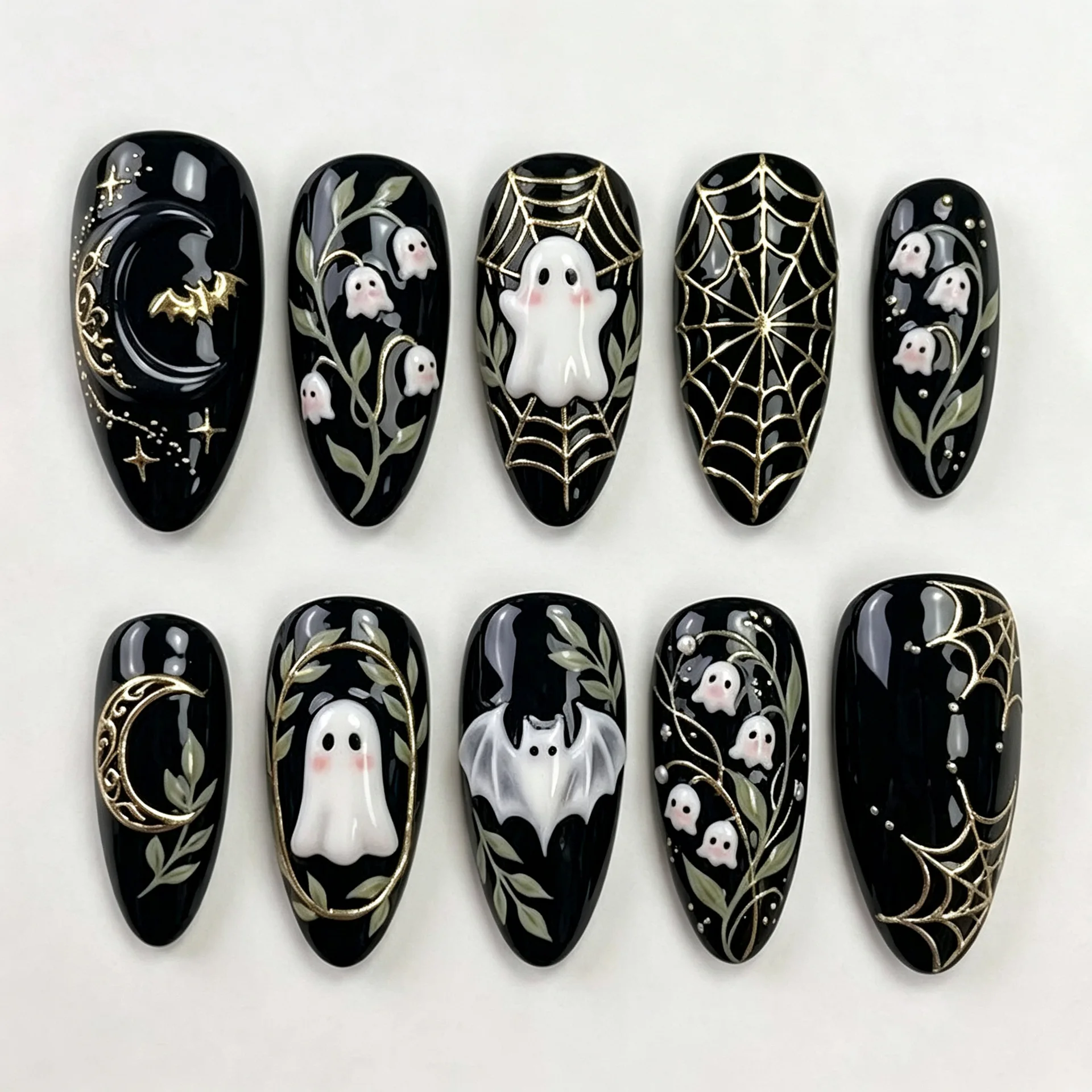 24Pcs Halloween Dark Almond Nails Press on 3D Ghost Design Wearable False Nails with Gilded Bat Spider Web Full Cover Fake Nail