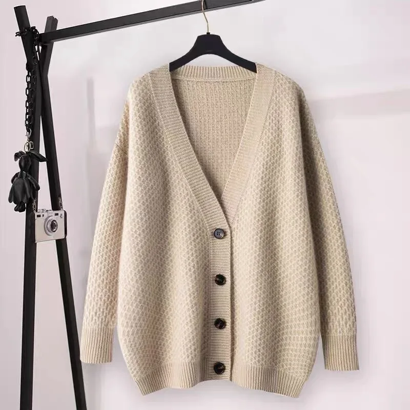 Winter 2022 New 100% pure wool cardigan Women V-neck solid color loose cashmere sweater jacket thickened