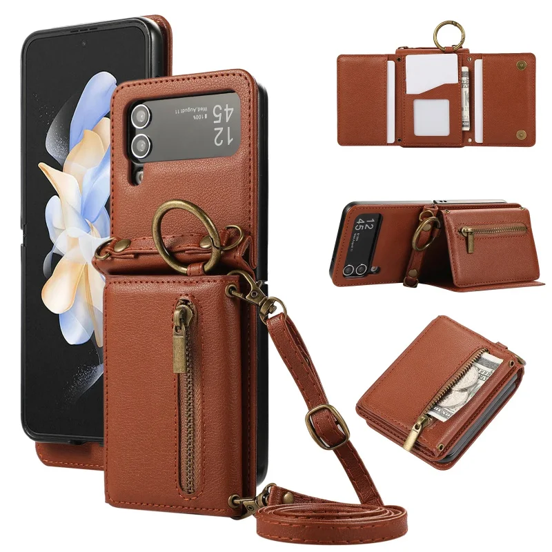 

Lanyard Ring Holder Zipper Cards Solt Wallet Leather Case For Samsung Galaxy Z Flip 7 6 5 4 3 Triple Fold Stand Crossbody Cover