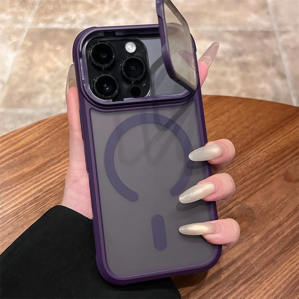 Vollständiger Linsen-Flip-Ständer für Magsafe Armor Magnetische Handyhülle für iPhone 18 17 16 15 14 13 12 Pro Max Kabelloses Laden Matte Abdeckung – Detail 9