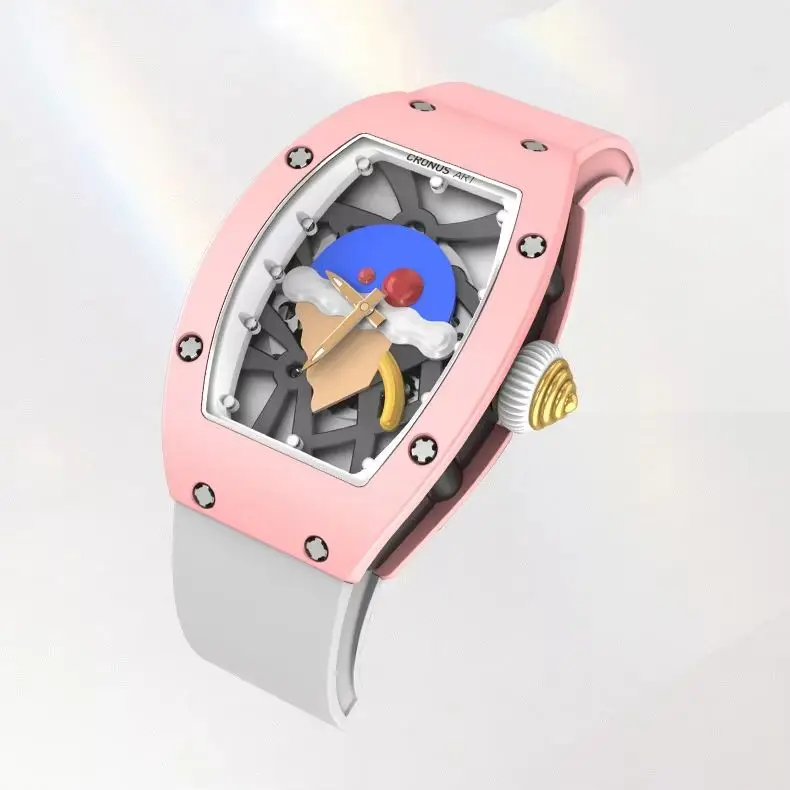 CRONUSART Women Automatic Watch Tonneau Ladies Mechanical Wristwatch Ceramic Case Fluororubber Strap 3D Relief Dial