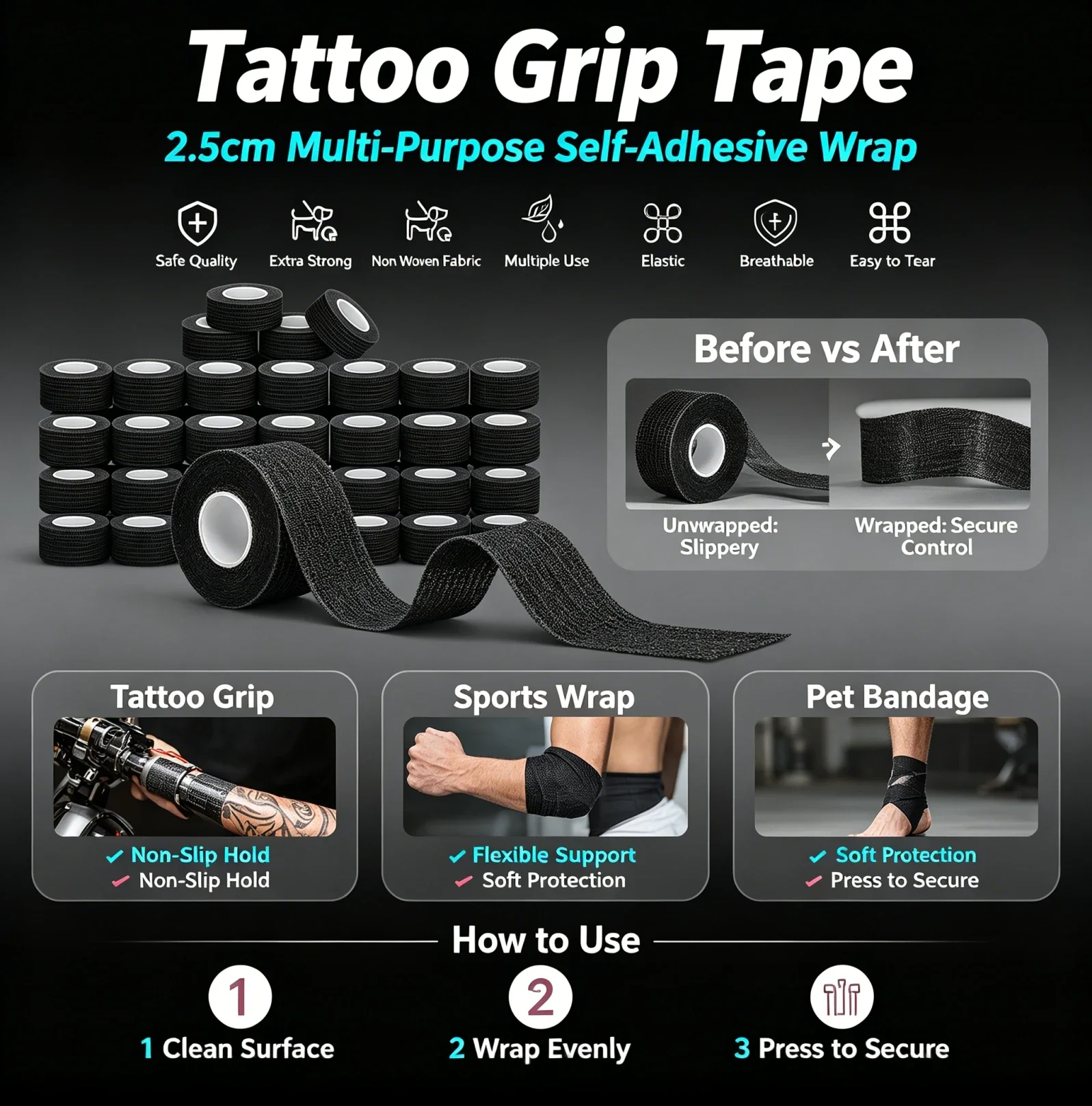 Tattoo Grip Tapes Self Adhesive Tattoo Bandage 2.5cm Breathable Elastic Athletic Tape Wrap Tattoo Machine Sports