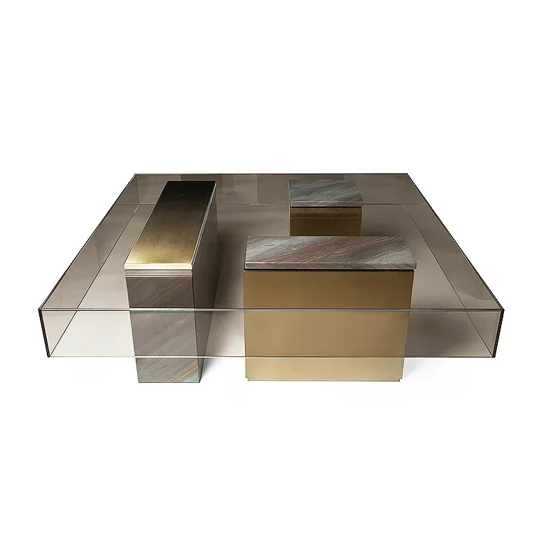 

Italian Minimalist Designer Coffee Table Tempered Glass Square Pier Table Living Room Stainless Steel Tea Table