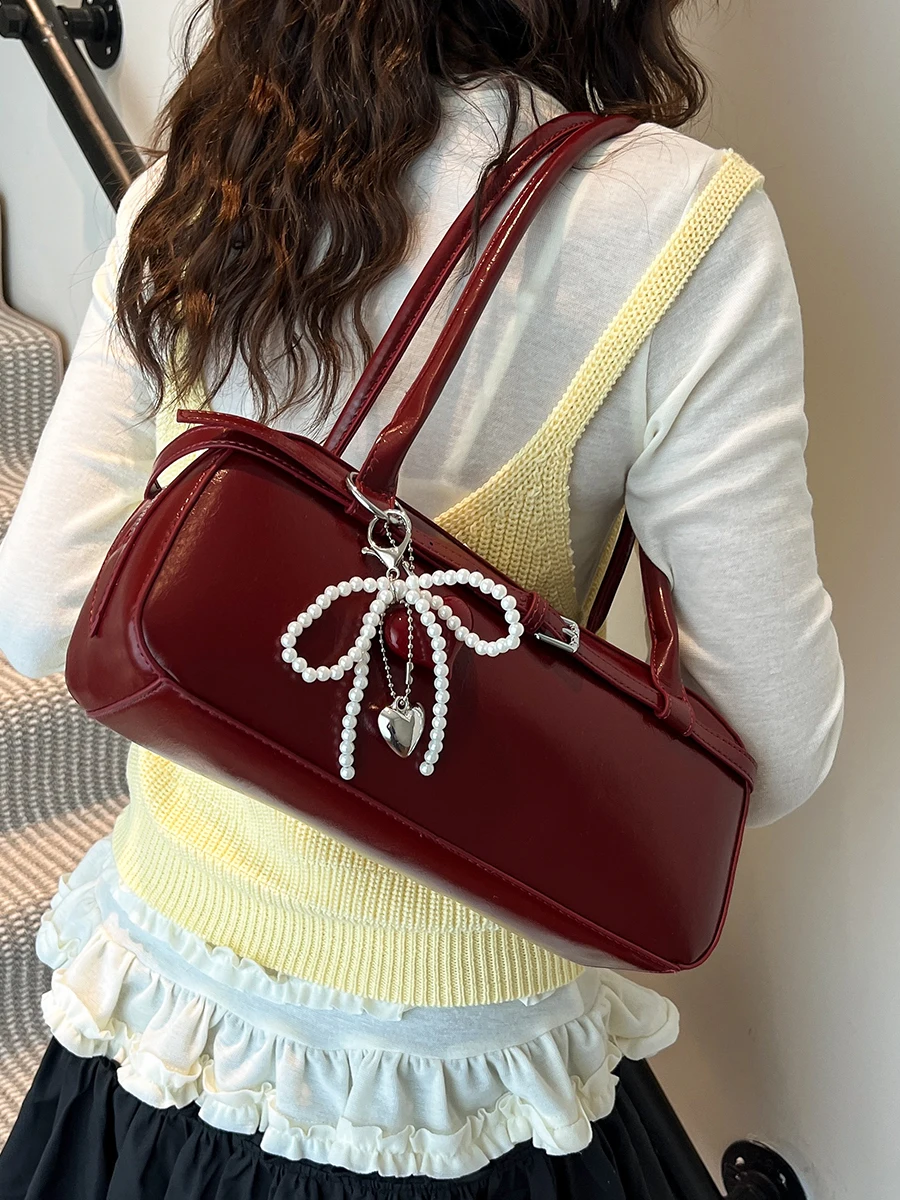 

Temperament Red Underarm Bag for Women Luxury Designer Party PU Handbag Unique Heart Beaded Pendant One Shoulder Bags