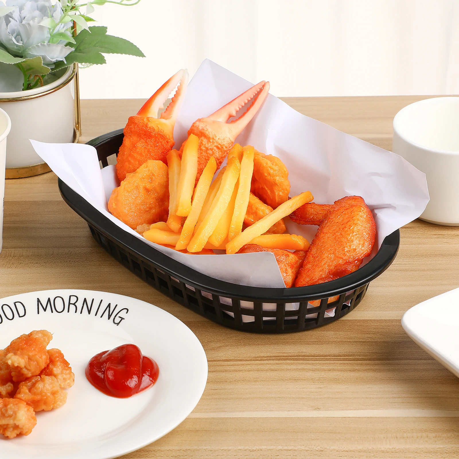 

12 Pcs Black Plastic Fast Food Baskets Boat Shaped Fries Hamburgers Chips Snack Tray Large Capacity Sturdy Structure Hollow Out