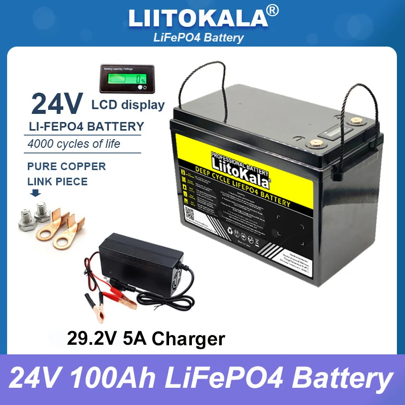 LiitoKala-Batería de fosfato de hierro y litio LiFePO4, 24V, 100Ah, 60Ah, 32Ah, para inversor de barco, encendedor de coche, 29,2 V, libre de