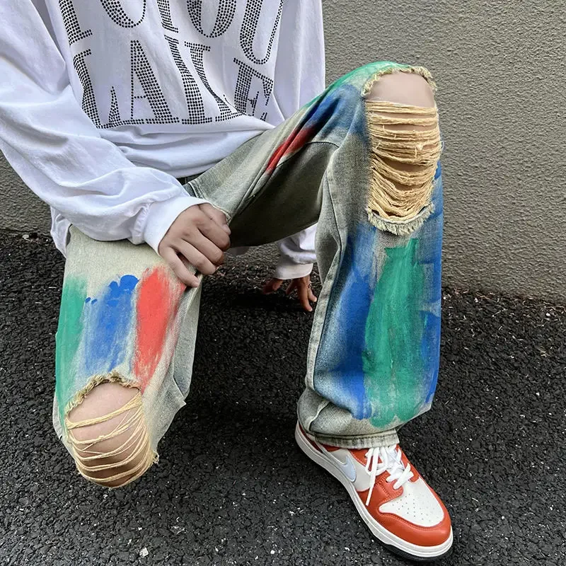 Men Clothing New Color Graffiti Hole Jeans Men's Fashion Personality American High Street Straight Loose Wide-legged Long Pants