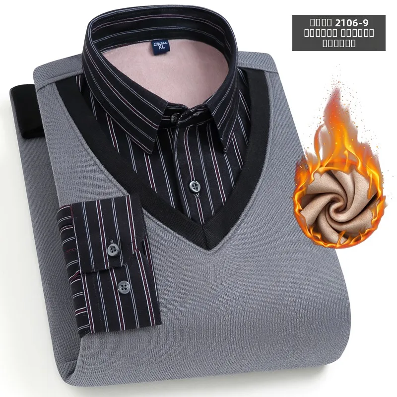 

Thiened Fce Long Sve Вязаный свитер Искусственный двухсекционный повседневный мужской деловой повседневный свитер V-Ne Winter Warm irt