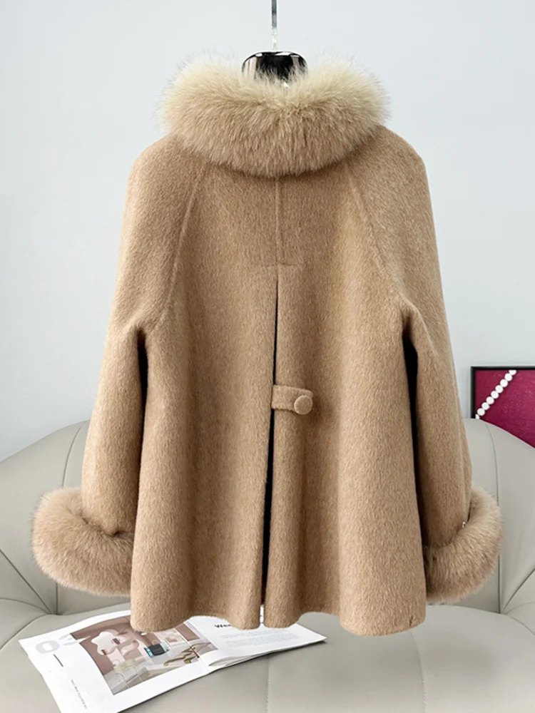 Damski płaszcz z kaszmirem i wełną na zimę 2025, luksusowy, gruby, z naturalnym kołnierzem z futra lisa, szalikiem, elegancki, codzienny płaszcz wierzchni.