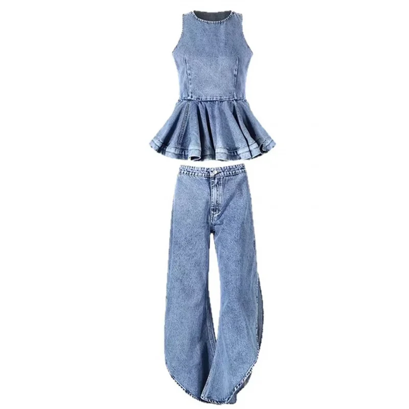 

BKQU Fashion Denim Vest Pants Sets Women O-neck Sleeveless Ruffle Tops Side Split High Waist Jeans Two Piece Casual Outfits 2026