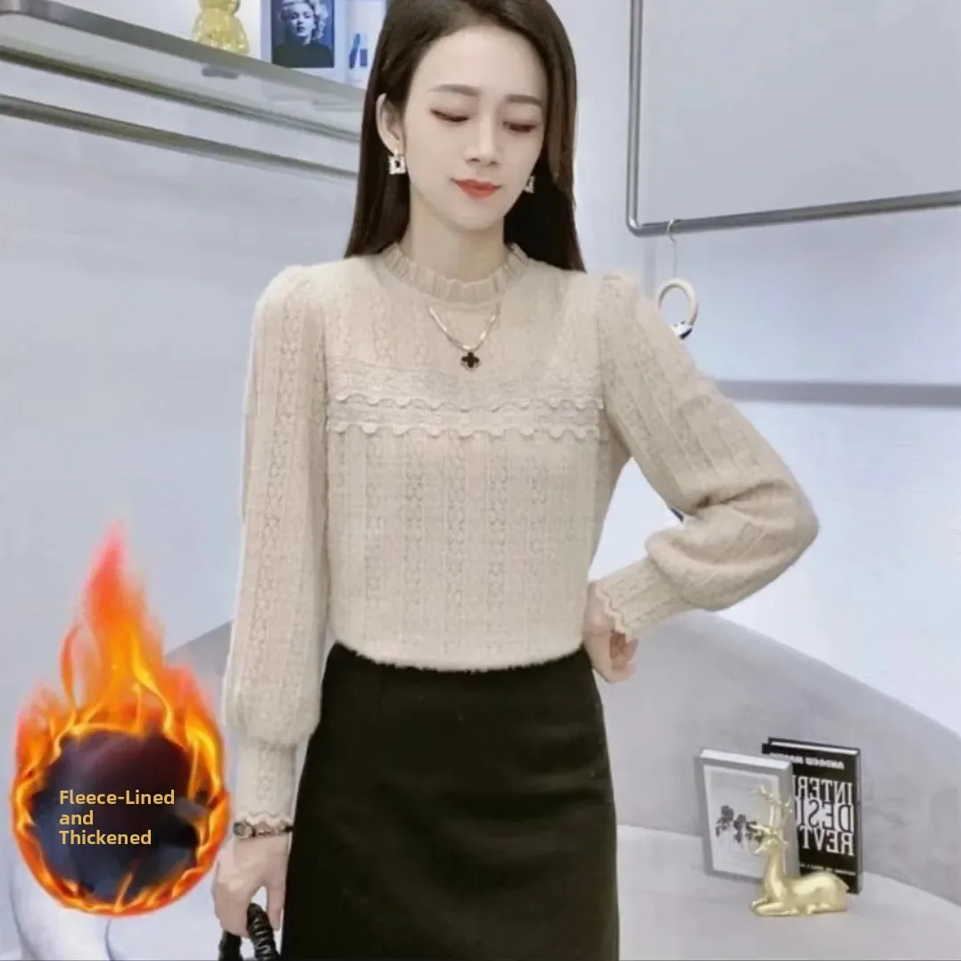 

Женская базовая блузка с кружевными вставками и высоким воротником, утепленная флисом, для ранней осени, красивый шифоновый топ, новинка 2025 года