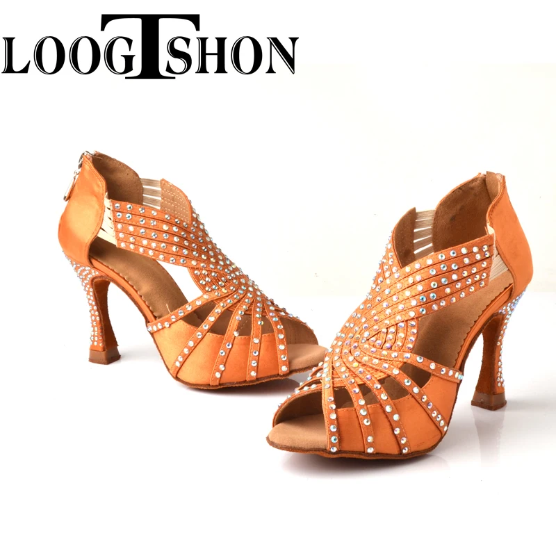 Loogtshon Pearl Rhinestone Professional Latin Dance ส้น 9 ซม.สีชมพูสีดํา Lady Dance รองเท้านุ่ม Samba Rumba Cha Cha รองเท้า