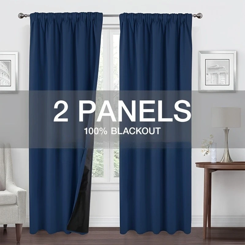 2 Panels 100% Blackout Window Curtain Rod Pocket, Cold and Full Light Blocking Drapes with Black Liner for Bedroom Living Room