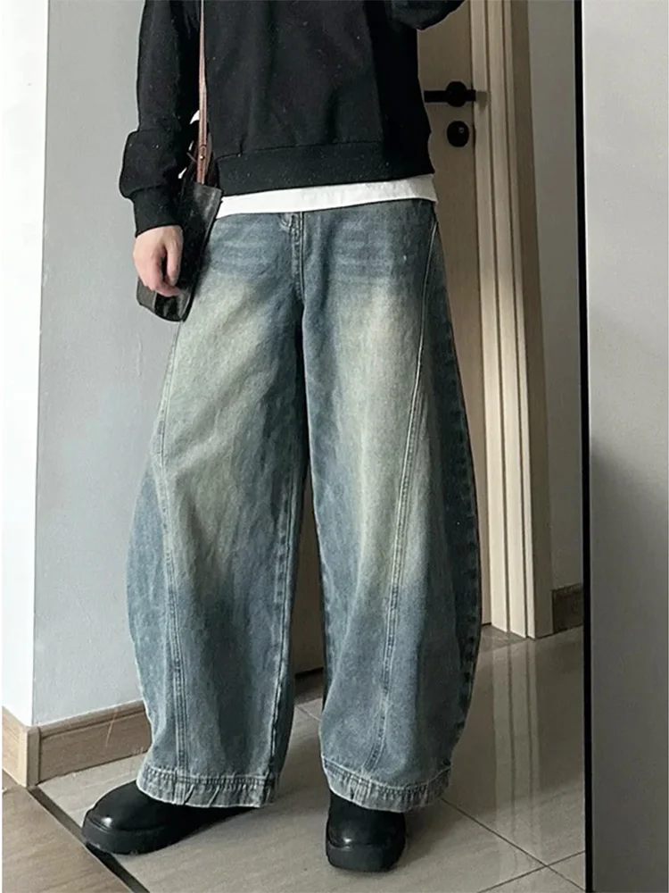 

Мужские джинсы в американском ретро-стиле, широкие, повседневные, свободные, с эффектом потертости, из смесового хлопка и полиэстера, дышащие