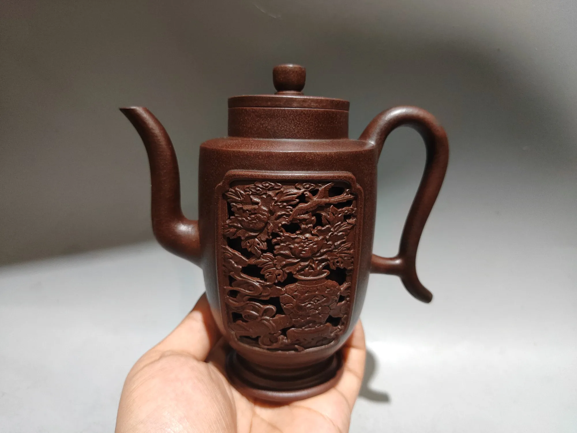

6"Chinese Yixing Purple Clay Teapot hollow out Magpie flower pattern Wine pot shape pot Kettle Teapot Amass wealth Town house