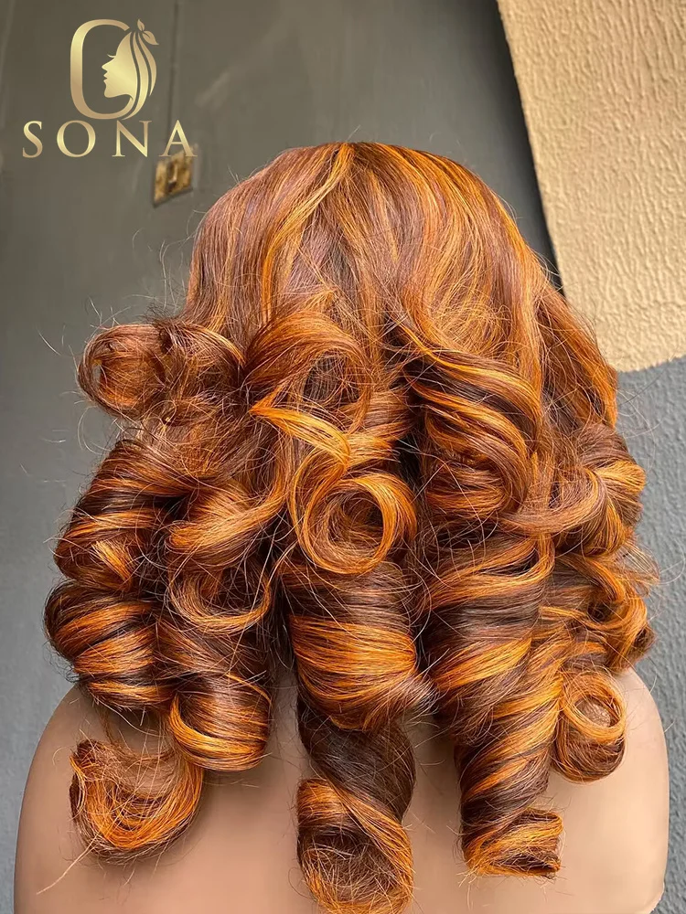 Pelucas frontales de encaje transparente sin pegamento, cabello humano ondulado, jengibre, naranja, marrón, resaltado, 13x6, 13x4