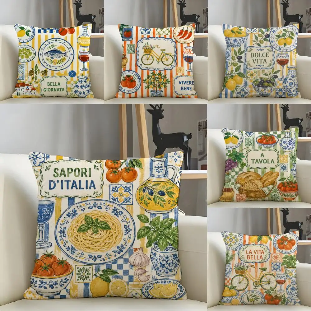 Mediterranean Pattern Cushion Cover Natural Linen Pillow Case Organic Fabric Double Sided Print Sofa Home Decor Gift