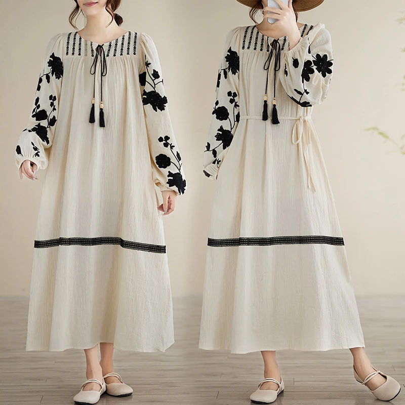 

Ретро вышитый трапециевидный силуэт Dr, большой размер, женский ранний осенний пояс с кисточками, длинная юбка с завязкой на талии, длинная юбка из полиэфирного волокна