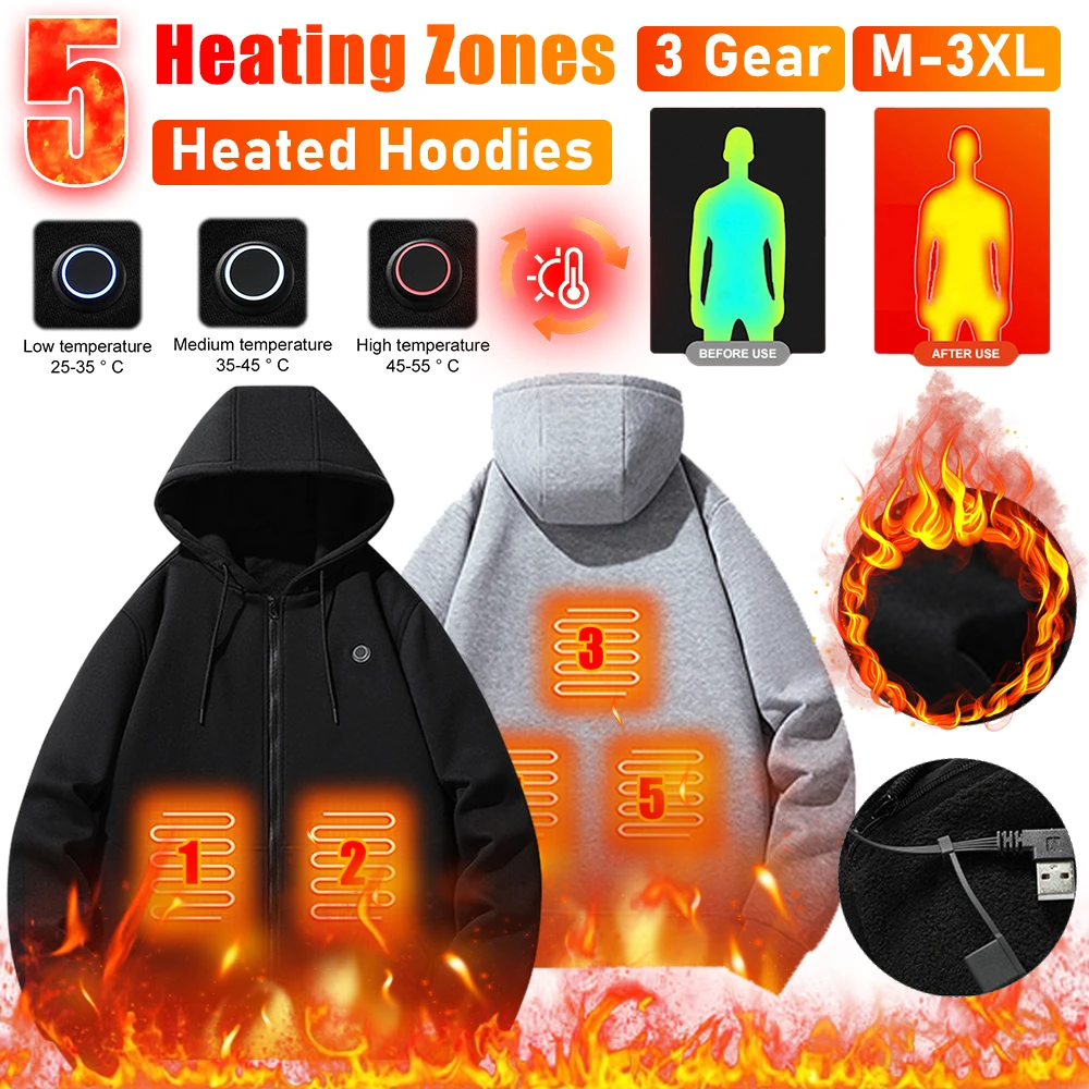 USB Heated Hoodies Men Women Fall Winter Heating Casual Hoodies Electric Heated Sweatshirts Warm Heated Clothes Zipper Hoodies